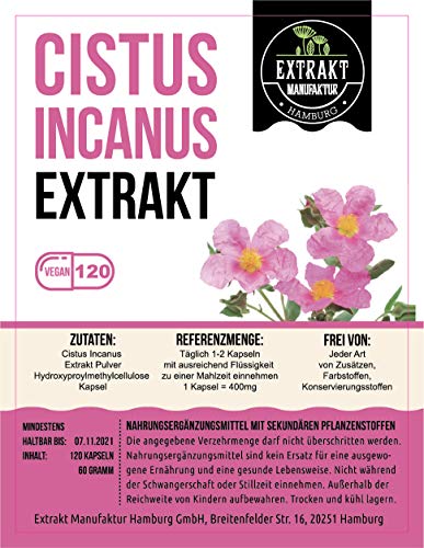 Cistus Incanus Extrakt | 40% Polyphenole | 120 Kapseln 400mg | Zistrose ohne Zusatzstoffe | hochdosiert vegan in Deutschland hergestellt (Kapseln 120)