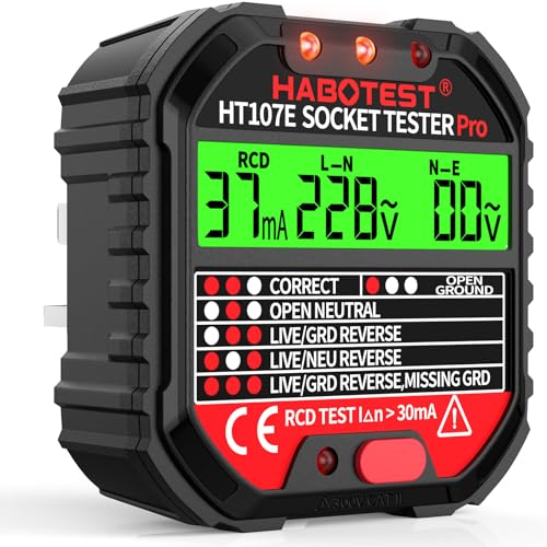 Socket Tester RCD Plug Outlet Tester UK Electrical Receptacle Detector with LCD Display 90-250V Power Socket Automatic Electric Circuit Polarity Breaker Finder (HT107E)