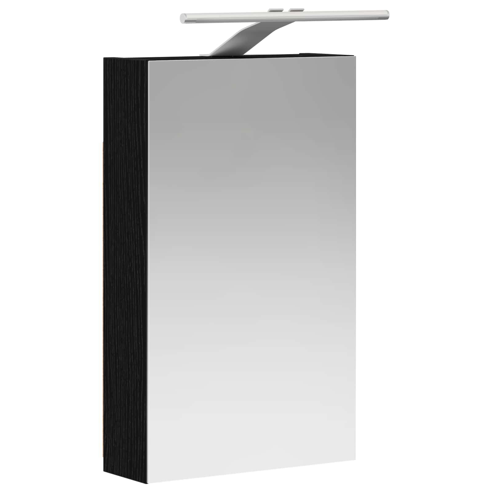 Szafka łazienkowa z lustrem w kolorze czarnym o wyglądzie dębu, 30 x 10,5 x 50 cm, materiał drewnopochodny z dwukierunkowym lustrem, montaż na ścianie, paski LED, schowek, regał, drzwi