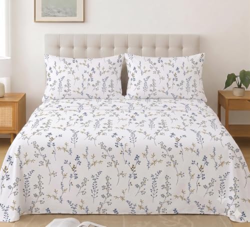 Image of IVAZA 240 TC Soft Ezyption Cotton Floral Print King Size Bedsheet - with 2 Pillow Covers, Hypoallergenic, Brethable, (Size- 90 x 90 Inch) Denim Blue