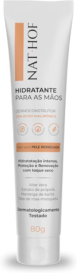 Creme Hidratante para Mãos Dermoconstrutor NAT HOF 80g | Mãos Secas, Rachadas, Sensíveis | Aloe Vera + Própolis + Karité + Rosa Mosqueta | Toque Seco | Sem Parabenos | Cruelty Free