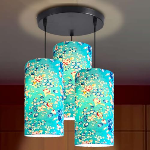 Image of Hanging Lamps for Hall - 3 Set Hanging Cluster Light - Pendant Lamps in Cylindrical Shape for Living Rooms /Bed Rooms (Blue Floral Fabric)