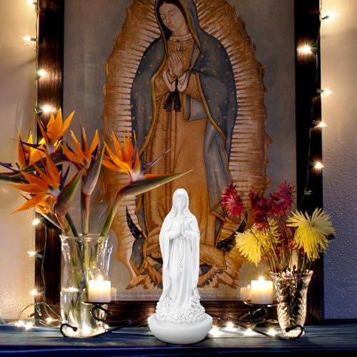 Image of Wonderjune Our Lady of Lourdes Statue Figurine 8'' Bright Ivory Virgin Mary Statue Blessed Catholic Mother Mary Garden Figure Resin Stone Tabletop Rosary Holder Home Office Religious Gifts(Classic)