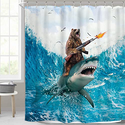 Image of Funny Bear Riding Shark Shower Curtain Humor Surfing 72Wx72H Inch Decor