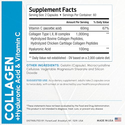 ForestLeaf Multi Collagen Pills with Hyaluronic Acid + Vitamin C | Hydrolyzed Collagen Supplements for Women or Men | Multi Collagen Capsules Peptides for Skin, Wrinkles, 120 Caps - Image 6