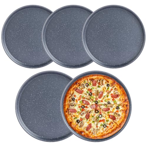 YAYODS 5PCS Non Stick Pizza Tray, 12 Inch Non-Stick Oven Baking Pan for Pizzas, Carbon Steel Round Pizza Baking Pan, Oven Safe (29x29x1.5CM)