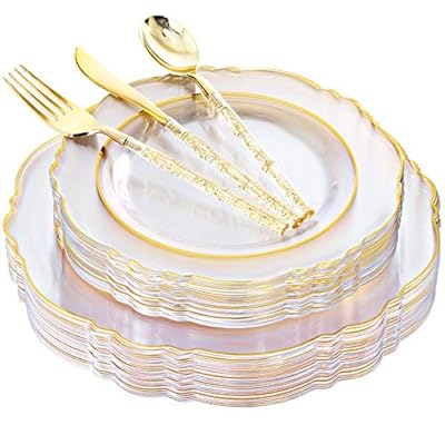 Liacere 150PCS Clear Gold Plastic Plates & Disposable Gold Plastic Silverware with Glitter Bamboo Handle Cutlery-Baroque Clear Gold Disposable Plates for Wedding & Party & Thanksgiving
