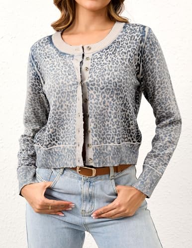 Leopard Cardigan Open Front Button Up Sweaters for Women Long Sleeve Shrug Cheetah Print Top Cropped Cardigan Jackets2