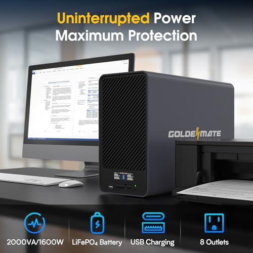 Image of GOLDENMATE 2000VA /1600W Lithium UPS Battery Backup and Surge Protector, Backup Battery Power Supply with LiFePO4 Batteries(460Wh), AVR, Line Interactive Sinewave UPS System, 8 Ports, LCD Screen, Gray