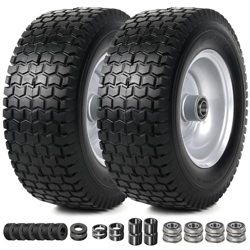 AR-PRO (2 Pack) 13x5.00-6 Flat Free Tire and Wheel Assembly Solid Lawn Mower Front Tire with 3 Centered Hub 3/4 Bearing extra 5/8&1/2 Compatible with Riding Mowers & Garden Tractors