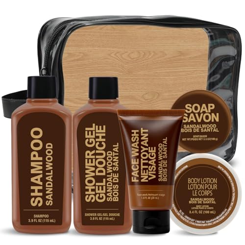 Body & Earth Sandalwood Gifts For Men Travel Toiletries Gift Set 6pcs Bath Set With Shower Gel Body Lotion Shampoo Soap Clear Travel Toiletries Bag Mens Gift For Valentines Fathers Day Christmas