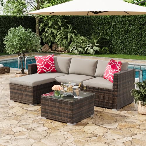 Image of GAOMON 5 Pieces Patio Furniture Sets All Weather Outdoor Sectional Patio Sofa Manual Weaving Wicker Rattan Patio Seating Sofas with Cushion and Glass Table