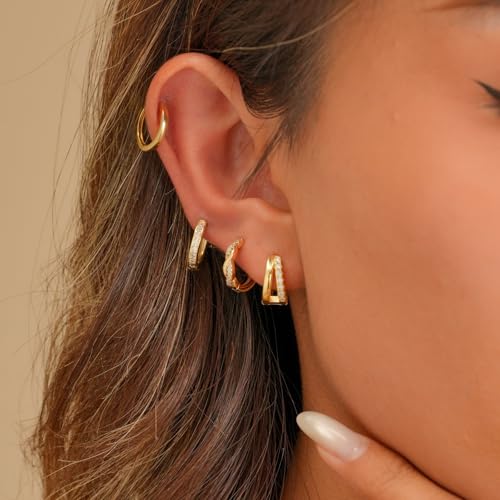 Bsoepnr 4 Pairs Gold Hoop Earrings Set, 14K Gold Plated Trendy Small Gold Huggie Earrings Stack Hypoallergenic, Dainty Cubic Zirconia Cartilage Hoops for Women3
