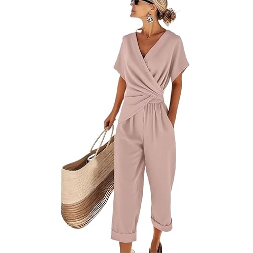 Belamoda Dusty Pink 2 Piece Outfits for Women Wrap V Neck Top Elastic Waist Cropped Pants Set with Pockets Casual Loungewear