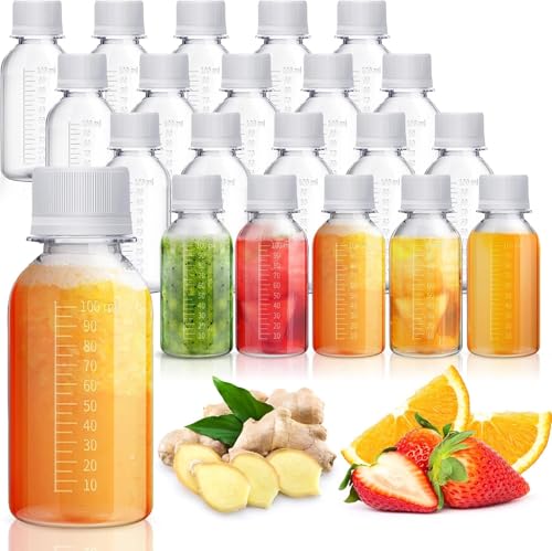 24 Pcs Plastic Bottles with Caps | Clear Ginger Shot Bottles Leak-Proof Mini Containers for Juice Milk Beer and Coffee | 3.3 oz Drink Storage
