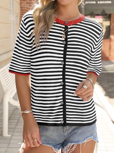 Image of Saodimallsu Womens Short Sleeve Cardigans Striped Button Down Sweater Tops