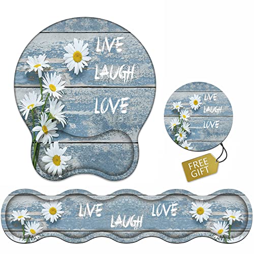 Keyboard Wrist Rest and Mouse Pad Wrist Support Set, Non-Slip Rubber PU Base for Home Office Working Studying Easy Typing & Pain Relief, Dreamy Daisy Vintage Wood Board Live Laugh Love