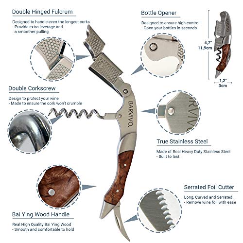 Barvivo Natural Bai Ying Opener With Foil Cutter Knife & Cap Remover, Double Hinged Manual Wine Key For Bartenders, Servers, Waiters, Stainless Steel Wine Bottle Opener Corkscrew #TOP5