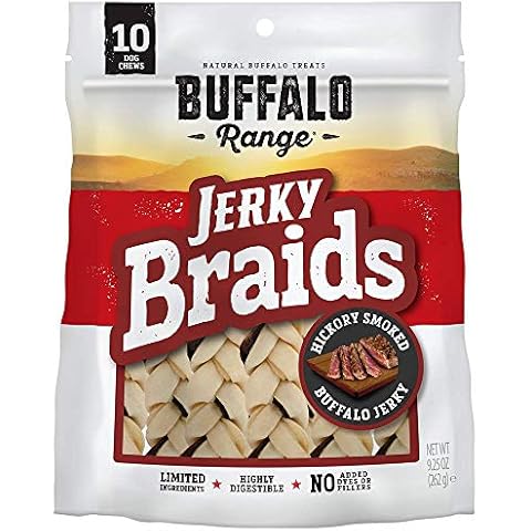 Buffalo Range Rawhide Dog Treats | Healthy, Grass-Fed Buffalo Jerky Raw Hide Chews | Hickory Smoked Flavor | Jerky Braids, 10 Count Cover