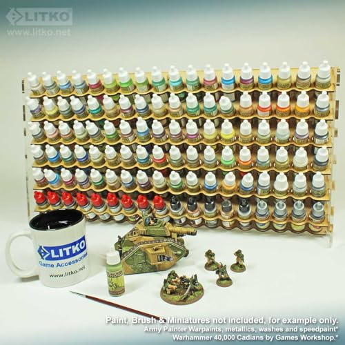 Image of Paint Rack | Holds 108 18mL Dropper Bottles | Wall Mount | Workbench | Fits Vallejo, Army Painter, & 26mm paints | 24x12x4in acrylic & MDF | Store bottles upright or inverted | No-glue tab-&-slot