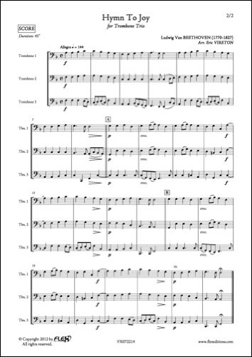 PARTITION CLASSIQUE - Hymne à la Joie - L. van BEETHOVEN - Trio de Trombones
