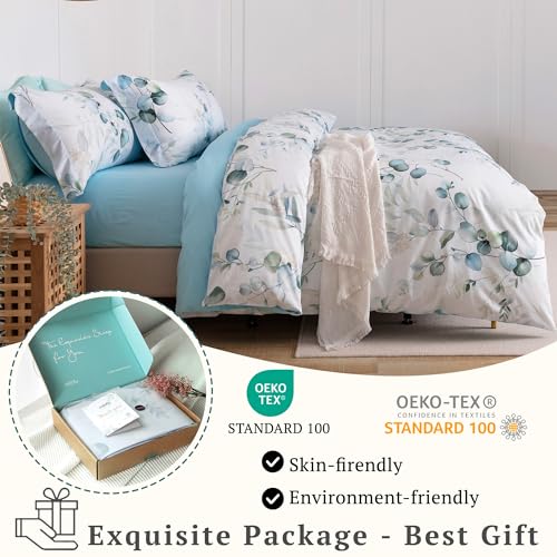 MILDLY 100% Long-Staple Cotton Duvet Cover Set Baby Blue Teal Gradient Leaf Pattern Printed Comforter Cover 3pcs, Ultra Soft & Breathable Bedding Set