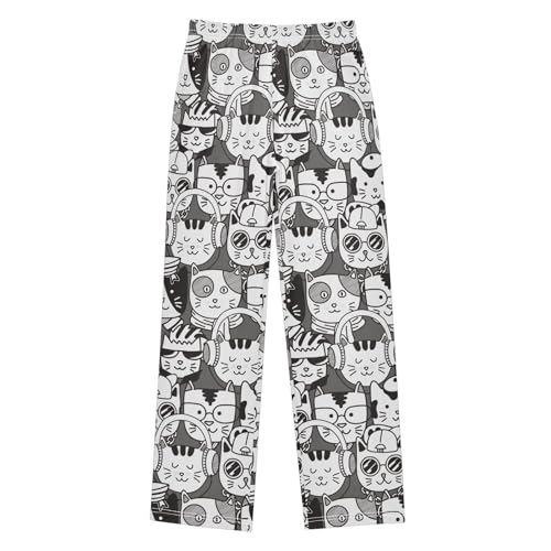 Cute Cat Black White Boys Pants for Kids Jogger Pants with Pockets S-XL