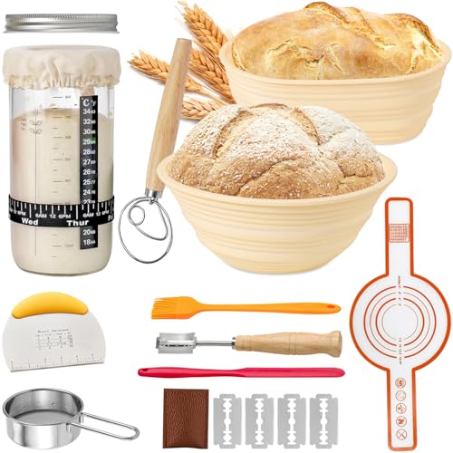 Sourdough Starter Kit, Sourdough Bread Baking Supplies, Silicone Banneton Bread Proofing Basket Set Of 2, Sourdough Starter Kit Beginners With Sourdough Starter Jar For Baking Lovers