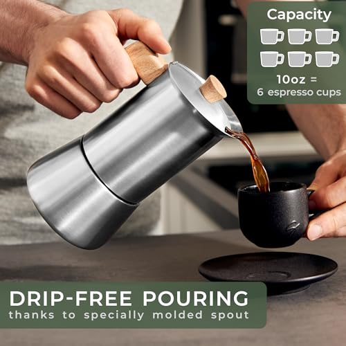 Image of WALDWERK Stainless Steel Moka Pot (10oz) - Toxic Free Moka Pot with Oak Wood Handle - Stovetop Espresso Maker - Italian Coffee Maker for Stovetop and Induction