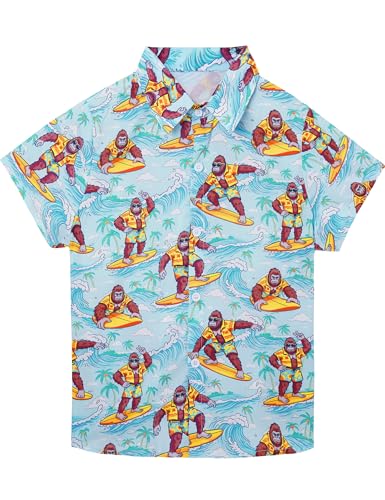 Image of Boys Hawaiian Shirt Kids Button Down Aloha Beach Hawaii Tops 5-14Y | Quick Dry, Breathable, Cooling & Lightweight, For Summer Vacation Holiday, Fourth of July, Youth, Teen, Shark, Dinosaur