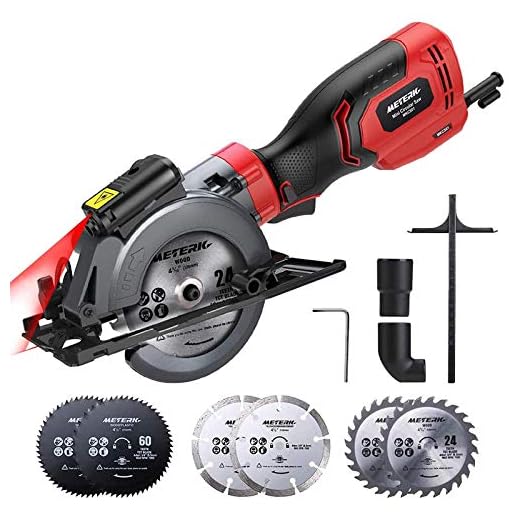 Circular Saw, Meterk 6.2A Compact Electric Circular Saw with Laser Guide, 6 Blades, Max Cutting Depth 1-9/10''(90°), 1-1/4''(0°-45°), Ideal for Wood, Soft Metal, Tile, and Plastic Cuts