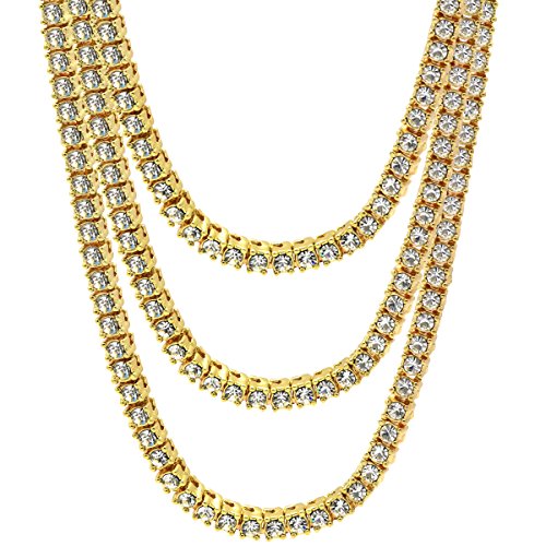 L2JK Mens 14k Gold Plated over Brass Fully CZ Tennis Chain Necklace Hip Hop Choker (20)