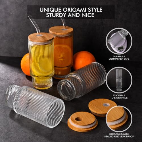 Image of Ribbed Highball Glass Tumbler Set of 2 with Bamboo Lid & Glass Straw, 300ml Drinking Glasses for Iced Coffee, Juice, Smoothies, Cocktails, Beer, Water, Reusable Clear Glass Cups