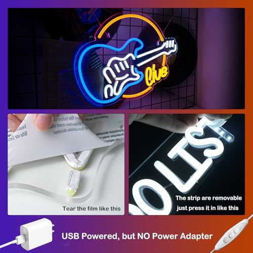 Image of Wanxing Live Music Neon Signs Guitar Shape LED Signs Game Art LED Neon Signs for Wall Decor Studio Neon Light Signs USB Powered Switch Lights Up Sign for Party Lover Girl Boy(Colorful Guitar Live)