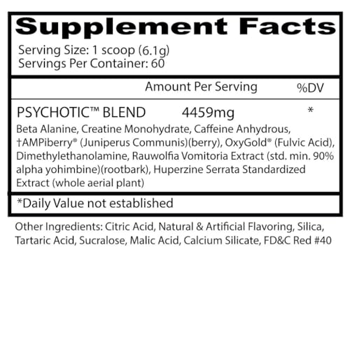 Image of Insane Labz Psychotic, High Stimulant Pre Workout Powder, Extreme Lasting Energy, Focus and Endurance with Beta Alanine, Creatine Monohydrate, DMAE, 60 Srvgs, Watermelon