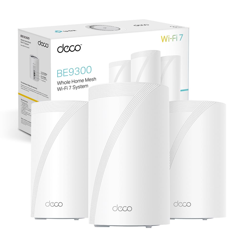 TP-Link WiFi 7 Deco BE65 Pro Router Mesh WiFi,BE9300Mbps Tri-Band, Canali 320 MHz, 2 Porte 5Gbps, Porta 2,5 Gbps, Alexa, HomeShield, MLO, Funziona con Qualsiasi ISP e Modem, 4 Antenne Interne, 3 Pezzi