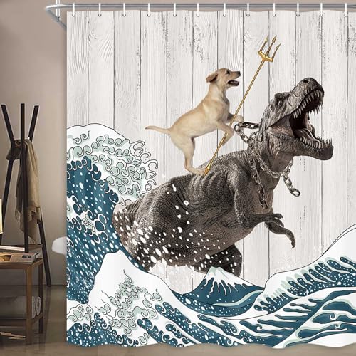 Image of Boziqr Funny Dog Shower Curtain, Japanese Ocean Wave Dinosaur Rustic Barn Door Decor Fabric Bathroom Curtains Set, Cute Animal Kids Polyester Fabric Waterproof, 70 X 84 Inches