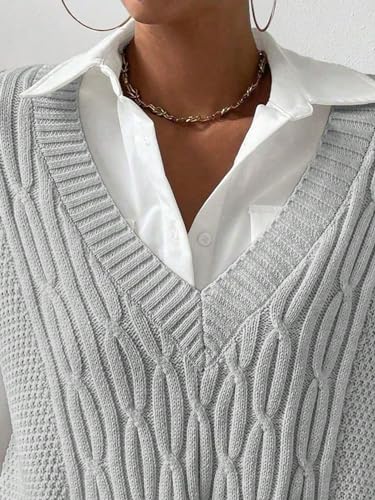 MakeMeChic Women's V Neck Sweater Split Hem Cable Knit Vest Sleeveless Casual Pullover Tops3