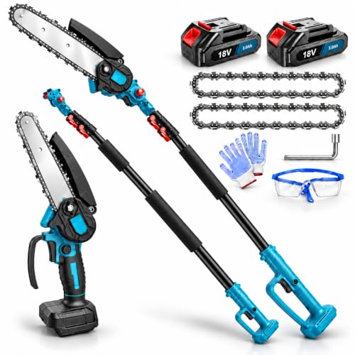 Motosierra de poda inalámbrica 2 en 1, motosierra eléctrica con 2 baterías de 3.0 Ah y cargador, mango telescópico extensible de 1,3 a 2,5 m, 4100 RPM, cabezal giratorio de 180°