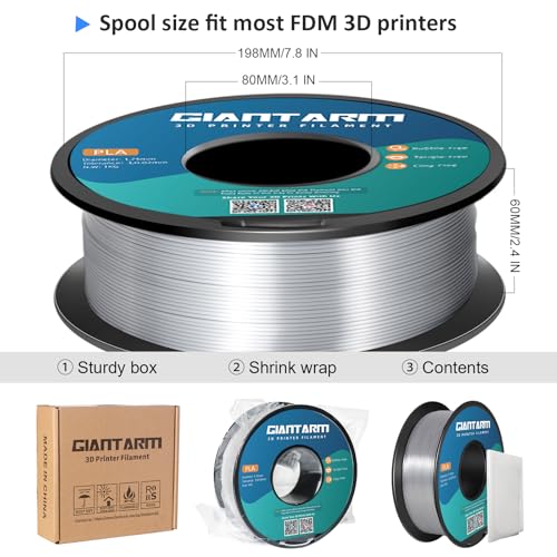 GIANTARM PLA filament 1.75mm,3D Drucker printer Filament 335M/Rolle 1kg,Vakuumverpackt gut gewickeltes ohne Warping filament,Silk Silber