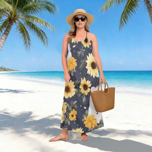 Robe longue bretelles spaghetti imprimé tournesol haute qualité