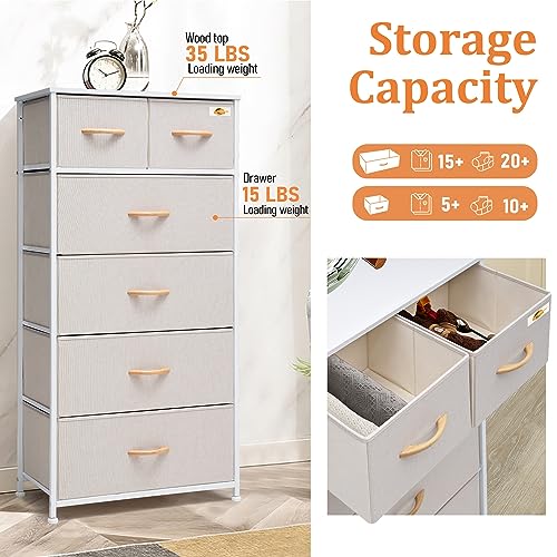 Image of Fabric Dresser for Bedroom, Tall Skinny Dresser with 6 Drawers, Storage Organizer Tower, Steel Frame Wooden Top for Closet, Living Room, Hallway(Beige)