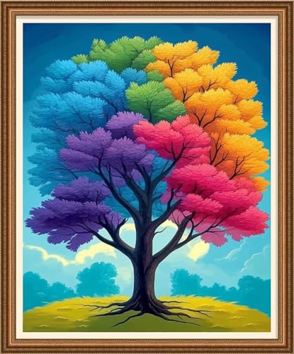 Image of Disnesart Cross Stitch Stamped Full Embroidery Kits DIY 11CT Cotton Thread Printed DIY Needlepoint Kits Craft Needlework Set Cross-Stitch Stamped Sets-Colorful Tree 16x20 inch