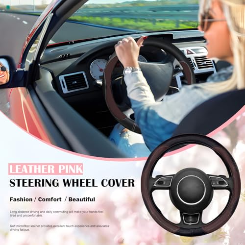 SuperKaKa Brown Car Steering Wheel Cover 2025, Universal Auto PU Cute Breathable Slip-Proof Comfort Imitation Leather Protector Cars Interior Accessories for Women Men Fit Most Vehicle - Thumbnail 7