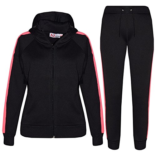 Survêtement plain zippé encapuchonné pour filles et garçons noir et rose fluo
