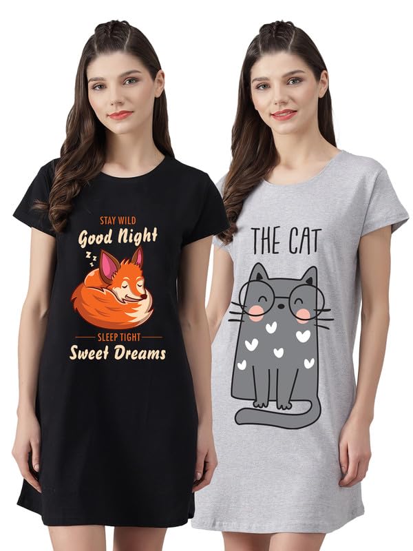 Image of Fflirtygo Women's Cotton Nighty | Printed Knee Length Nighty | Short Sleeve Nighty | Short Nightdress | Long T-Shirt | Regular Fit Night Gown | Nightwear | Sleepwear & Casual Wear Nighty