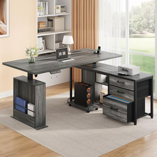 Homiflex 63" L Shaped Standing Desk with 3 Drawers Electric Adjustable Height Desk Corner Standing Desk with Storage Computer Game Desk with Power Outlets Computer Tower Stand for Home Office, Grey