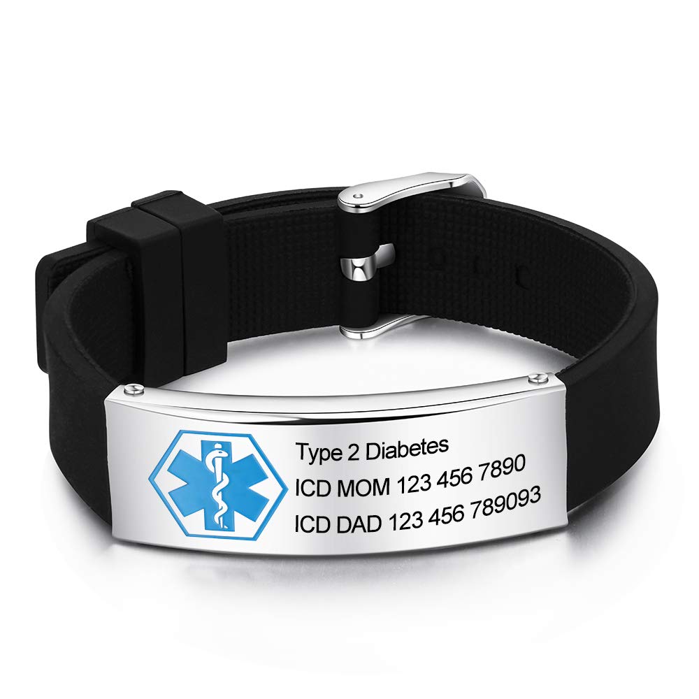 REMFACIOPersonalized Medical Alert ID Wristbands Stainless Steel Silicone Emergency Wristband Adjustable Emergency SOS Wristband for Men Women, Free Engraving