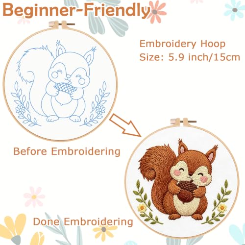 Image of Nuberlic Embroidery Kit for Beginners Stamped Squirrel Needlepoint | Stamped Animal Embroidery Starter Kit for Adults Complete Cross Stitch Kit Home Decor, Gifts And Relaxing Art