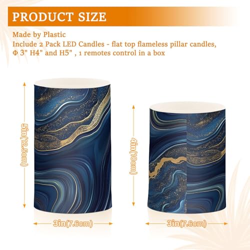 Image of Navy Golden Marble Flickering Flameless Candles LED Battery Operated with Remote Timer Pillar Candles for Home Birthday Wedding Christmas Decor, Set of 2